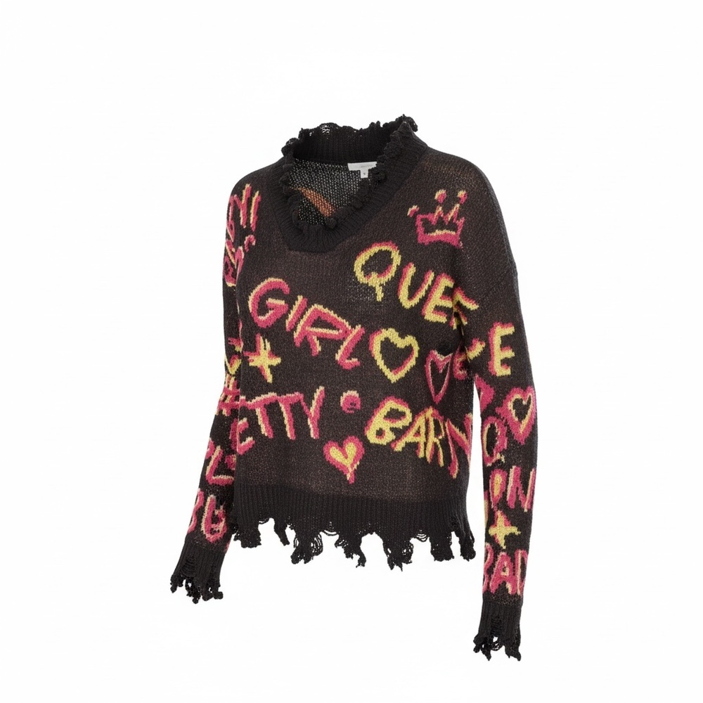 NWOT Full Circle‎ Black Sweater Women's Small Neon Yellow Pink Pretty Queen Love